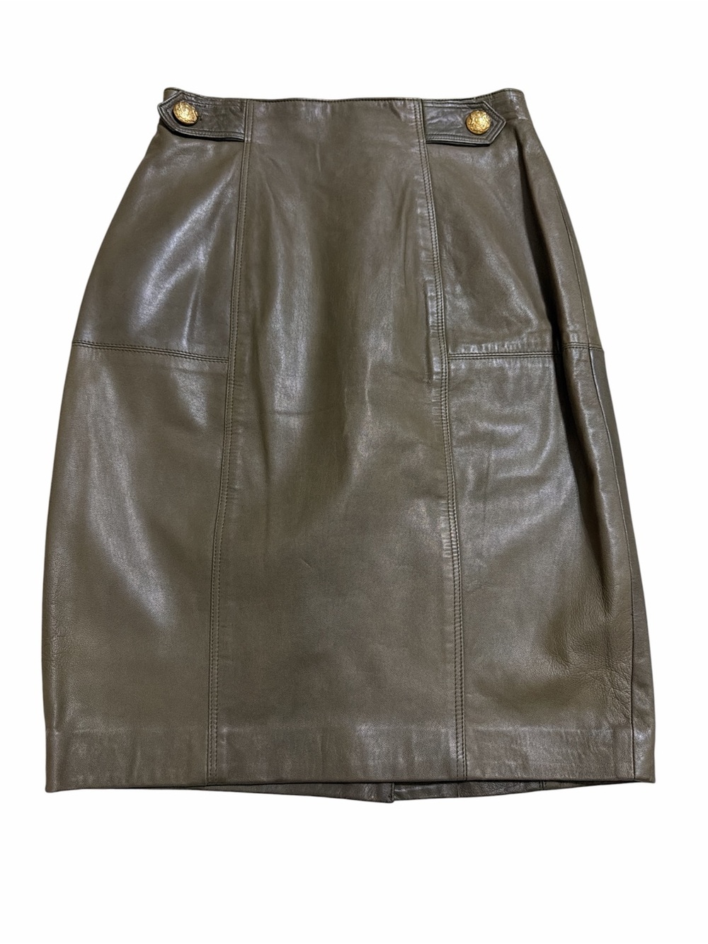 Dana Buchman Olive Green 100% Leather Pencil Skirt Gold Accent Buttons Women’s 8